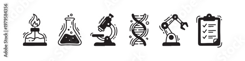 A set of solid black icons representing scientific research, laboratory experiments, and biotechnology innovations.