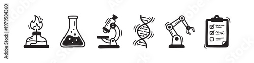 A set of solid black icons representing scientific research, laboratory experiments, and biotechnology innovations.