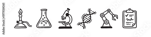 A set of solid black icons representing scientific research, laboratory experiments, and biotechnology innovations.