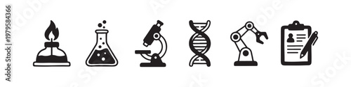 A set of solid black icons representing scientific research, laboratory experiments, and biotechnology innovations.