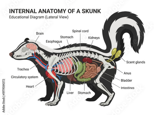 Internal anatomy of a skunk an educational diagram showing a lateral view of its skeletal structure and internal organs, including the digestive and circulatory systems
