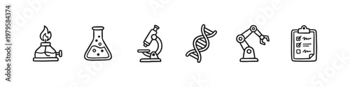 A set of solid black icons representing scientific research, laboratory experiments, and biotechnology innovations.