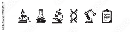 A set of solid black icons representing scientific research, laboratory experiments, and biotechnology innovations.