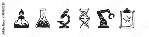 A set of solid black icons representing scientific research, laboratory experiments, and biotechnology innovations.