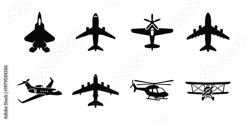 Aviation aircraft silhouettes set, 8 black airplane icons including fighter jet and helicopter, commercial flight and military plane vector collection