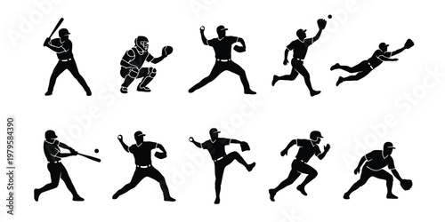 Baseball player silhouettes set, 10 black vector icons of athletes batting and pitching, professional sports action poses for league branding