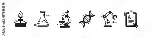 A set of solid black icons representing scientific research, laboratory experiments, and biotechnology innovations.