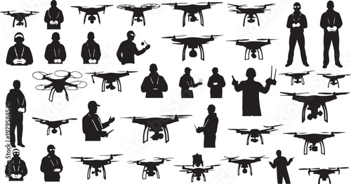 Silhouettes of people operating drones in various positions and actions