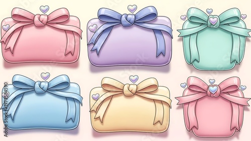 Six beautifully wrapped gift boxes with decorative ribbons and bows in pastel colors