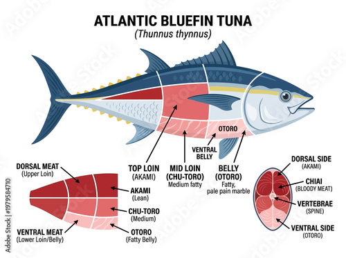Anatomy of Atlantic Bluefin Tuna with Cuts of Fish for Culinary Preparation