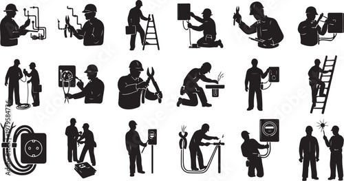 Silhouette icons of people painting and decorating a room