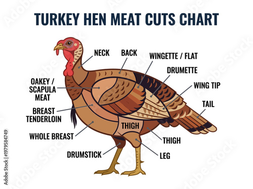 Detailed chart illustrating various cuts of turkey meat, including breast, thigh, drumstick, and wing portions
