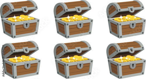 Open wooden treasure chest full of shining gold coins isolated on white background vector illustration set for gaming and finance.