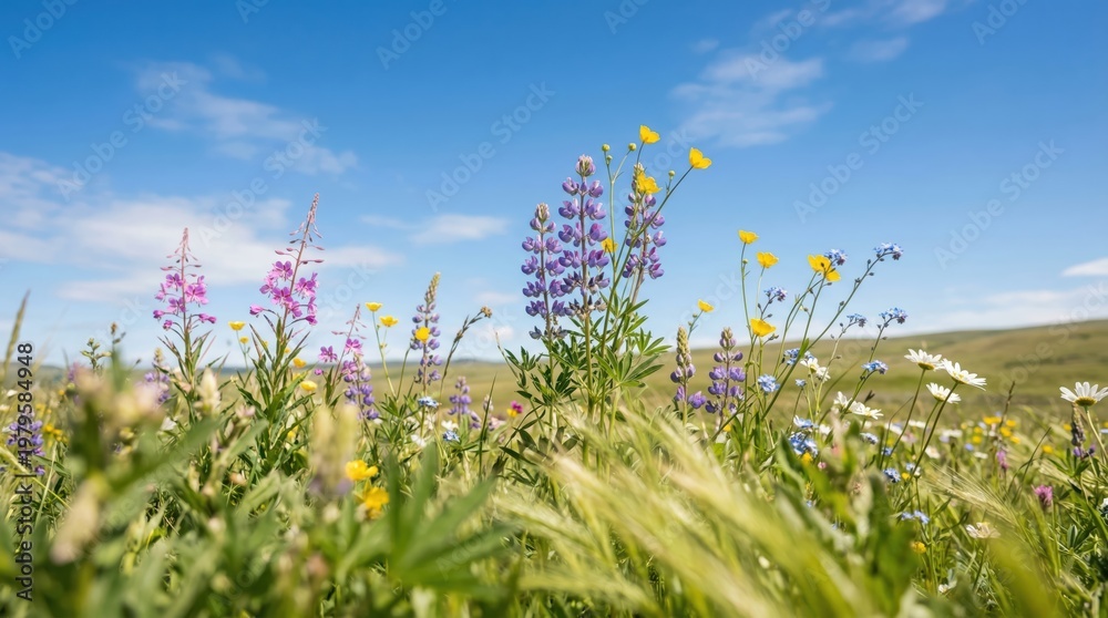 Obraz premium Wildflower meadow blooming under clear blue sky in grassland