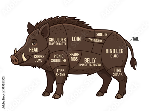 Diagram illustrating cuts of pork meat from a wild boar, including shoulder, loin, belly, and hind leg