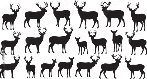 Silhouette of deer family in various poses and sizes