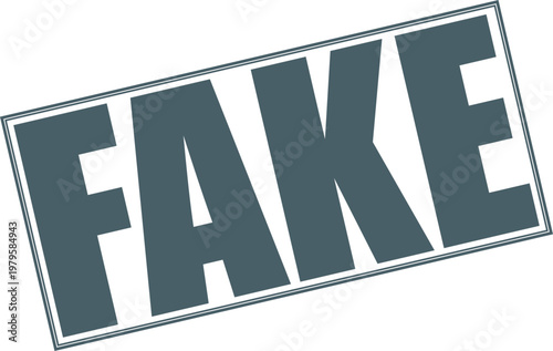 Bold dark gray word fake in a distressed rectangle frame on a white background