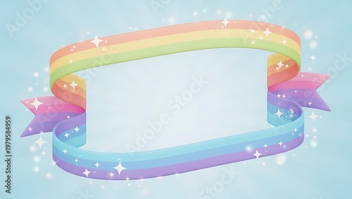 Whimsical ribbon banner with starry sparkles and pastel colors floating in space