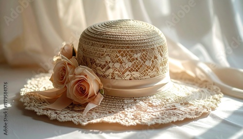 Elegant vintage hat with floral embellishments and delicate lace details.