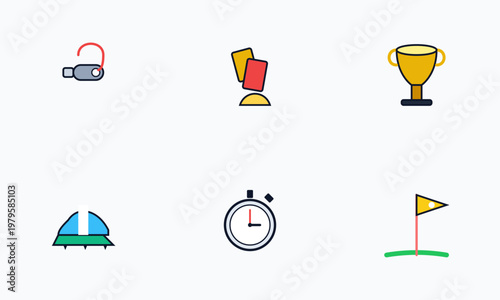 Hand-drawn collection of soccer match icons featuring a whistle cards trophy stadium stopwatch and corner flag authentic illustration