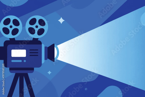 Vintage film projector with reels casting bright light on abstract blue background with sparkles, stylized vector illustration.