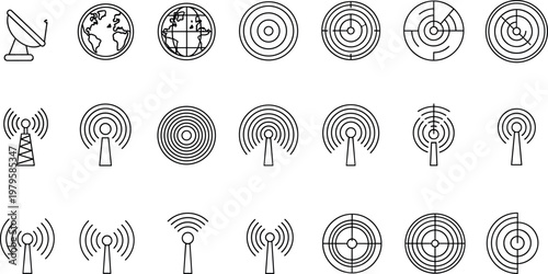 Black silhouette vector illustration of communication icons with satellite, globe, radar, and wireless signals, connectivity symbol set, decorative minimal composition