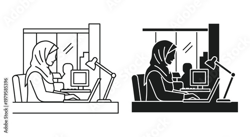 Illustration of Muslim woman working on computer in black and white style