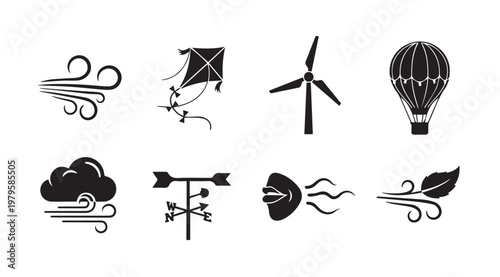Set of wind related icons in a clean graphic style for weather and energy concepts
