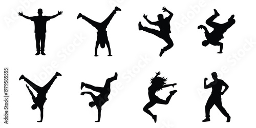 Dynamic breakdance silhouettes set, 8 urban street dancer vector elements, hip hop performers in acrobatic poses, black dancing figures on white background