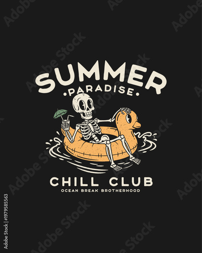 Skeleton chilling on a duck float in summer paradise.