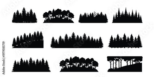 Forest silhouette vector set, black pine tree treeline icons, coniferous and deciduous woodland landscape elements, 10 nature horizon silhouettes