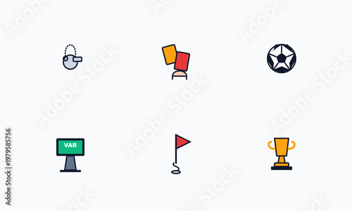 Hand-drawn soccer referee equipment set including whistle cards football VAR screen corner flag and gold trophy authentic illustration