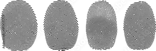 Black silhouette vector illustration of fingerprint icons, biometric identification symbol set, forensic design element, decorative minimal composition