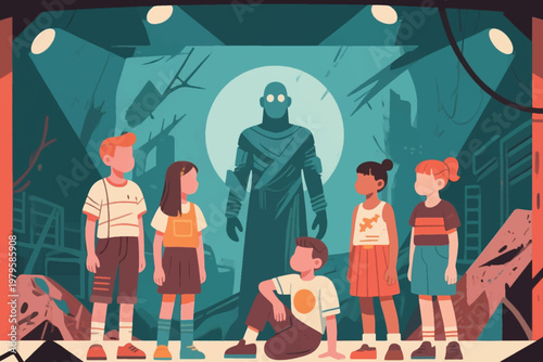 Children on stage facing mysterious dark figure under full moon, eerie post-apocalyptic setting, stylized vector illustration.