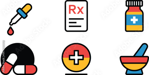 Pharmacy and medical icon set with prescription pills dropper bottle and mortar for healthcare healthcare treatment and clinic vector illustration.