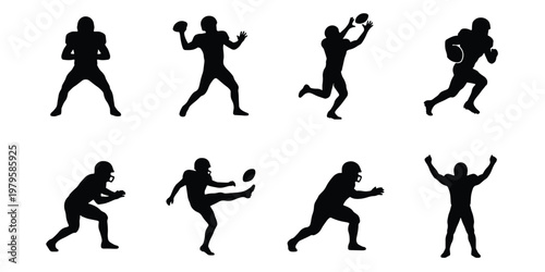 American football player silhouettes set, 8 vector icons of athletes in action, professional football players running and throwing, sports competition graphics