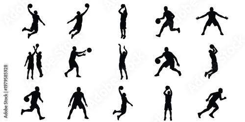 Basketball player silhouettes set, 15 athlete vector elements in action poses, black sports figures jumping and dribbling on white background