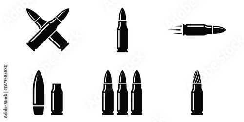 Military bullet icons set, black weapon ammunition silhouettes, rifle cartridge vector elements, firearm ammo graphics for gaming and defense