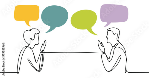 Two young women sitting behind table talking with speech bubbles, conversation and communication concept, modern flat vector illustration