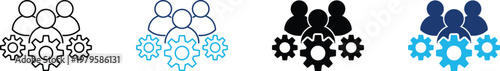 Team workflow icon showing professional group management and collective project technical configuration. Professional illustration for human resources operations, and agile team coordination.