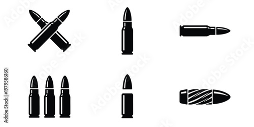 Military bullet icons set, black rifle ammunition vector silhouettes, firearm cartridge symbols for tactical and hunting design projects