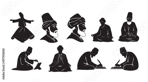 Sufi dervishes in silhouette with traditional attire and contemplative poses