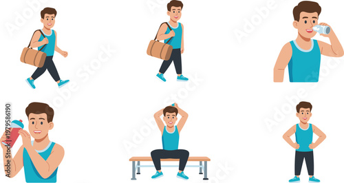 Fitness man character set walking with gym bag and drinking protein shake for sports workout and healthy lifestyle vector illustration.