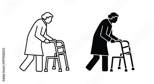 Two variations of an elderly woman using a walker for mobility