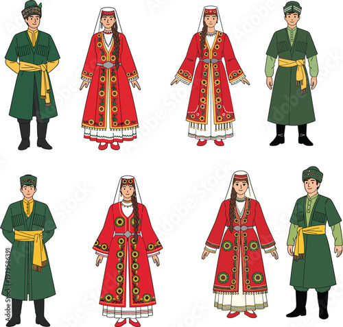 Traditional Caucasian ethnic clothing set featuring men and women in authentic folk costumes with detailed embroidery and cultural heritage garments