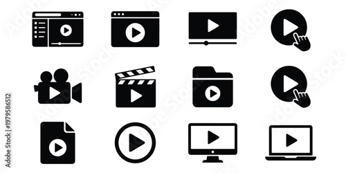 Video player icon set, 12 multimedia play button symbols, black solid vector icons for web interface and digital streaming applications