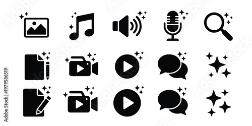 Minimalist AI content generation icons, set of 15 black vector symbols for magic media creation, artificial intelligence editing tools