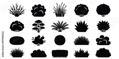 Minimalist bush silhouette collection, 20 plant and shrub vector icons, black garden foliage elements for landscape design and architectural site plans