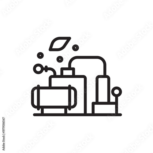 Minimal line vector of industrial machine system with tank, pipes, and controls. Clean modern illustration ideal for factory, processing, automation, and engineering concepts.