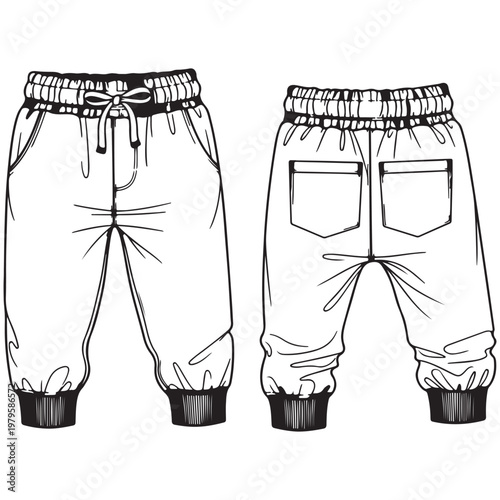 Technical vector illustration of sweatpants joggers front and back view for fashion design template